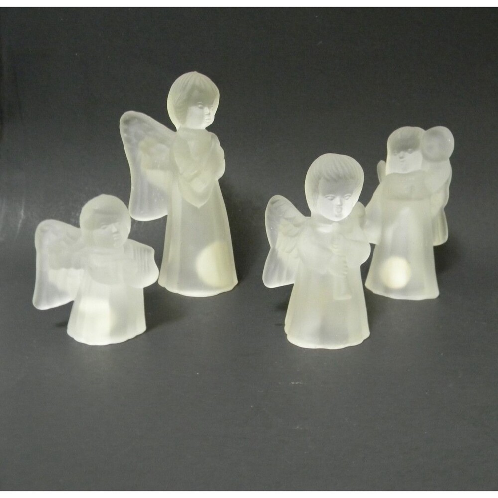 Crystal Clear Frosted Musical Angels Set of 4 Heavy Candle Holders Vtg Christmas